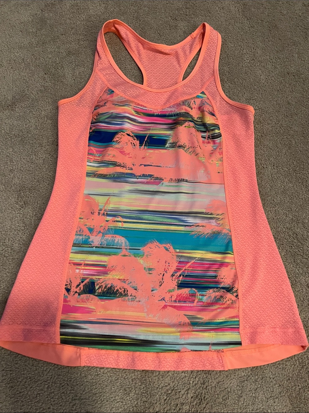 Women’s Coral Racerback Tank Top with Tropical Print- size Medium (no tag), EUC